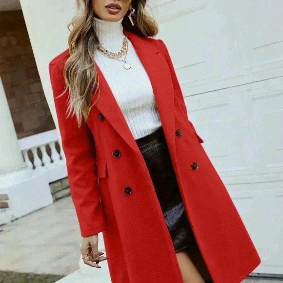 Jackets & Blazers - Red Elegant Women's Turndown Collar Long Sleeve Double-Breasted Knitted Coat